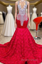 Charming Long Mermaid Jewel Satin Beading Prom Dresses Red Formal Gowns